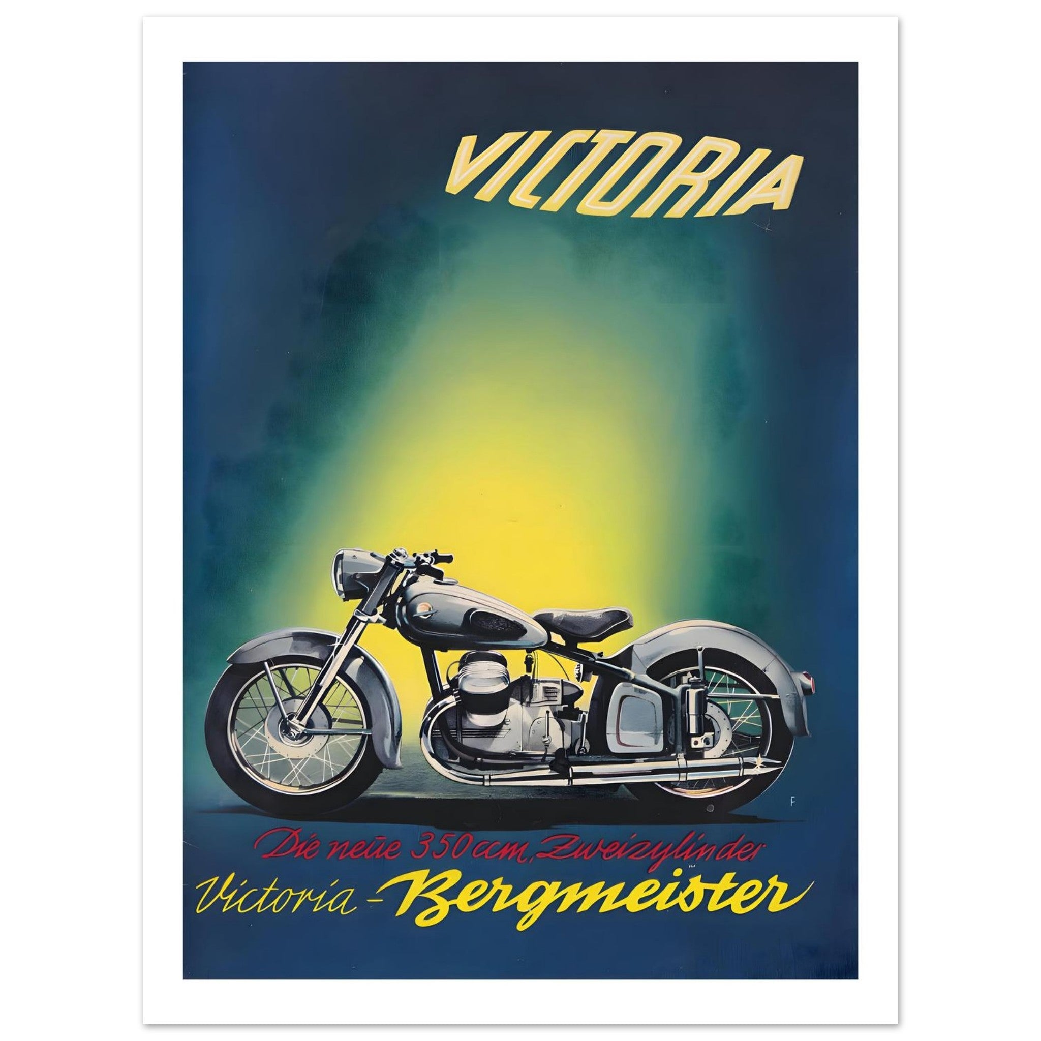 Vintage motorcycle advertisement poster featuring the classic Victoria Bergmeister motorcycle design.