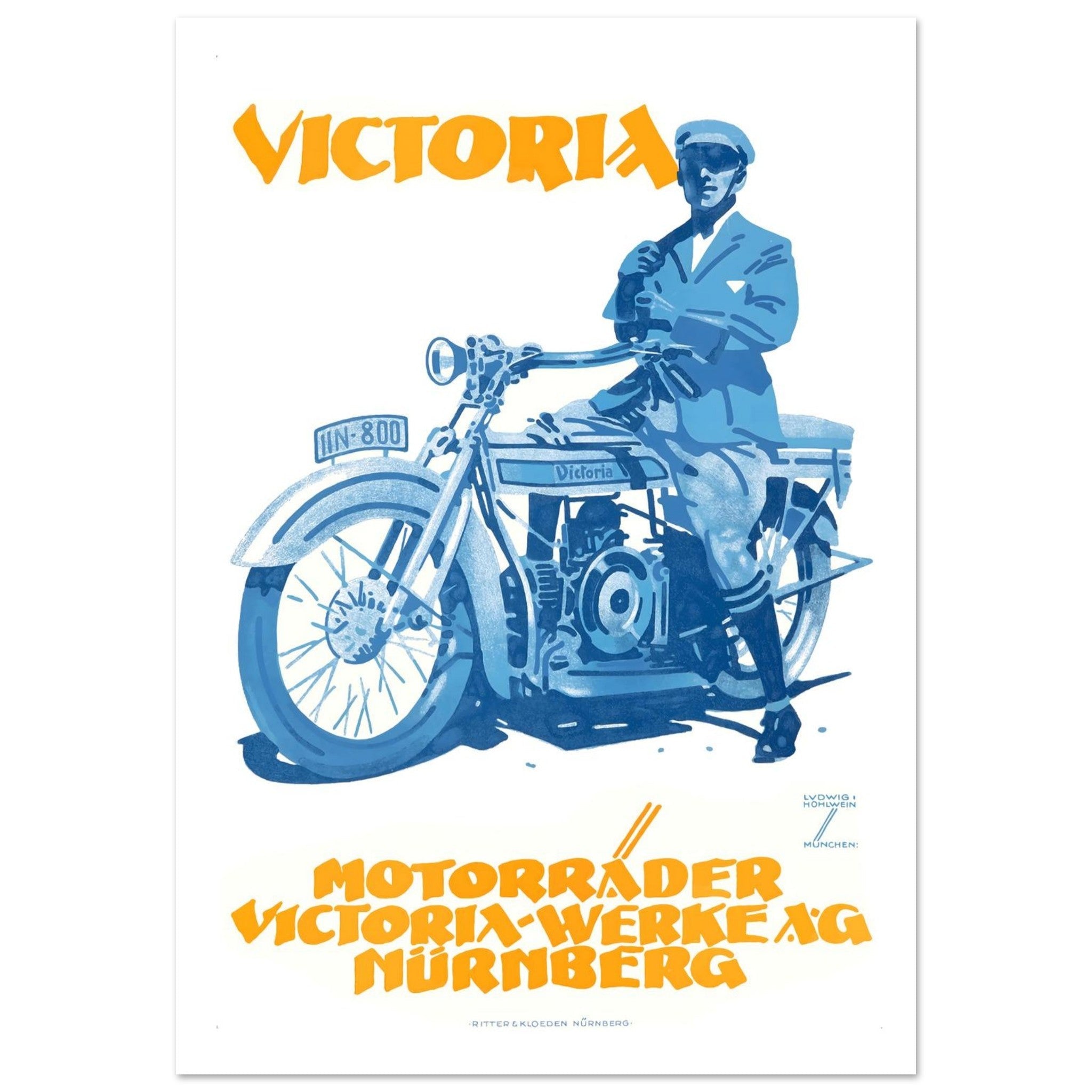 Vintage motorcycle poster featuring a blue Victoria motorcycle and a man, with bold orange lettering.