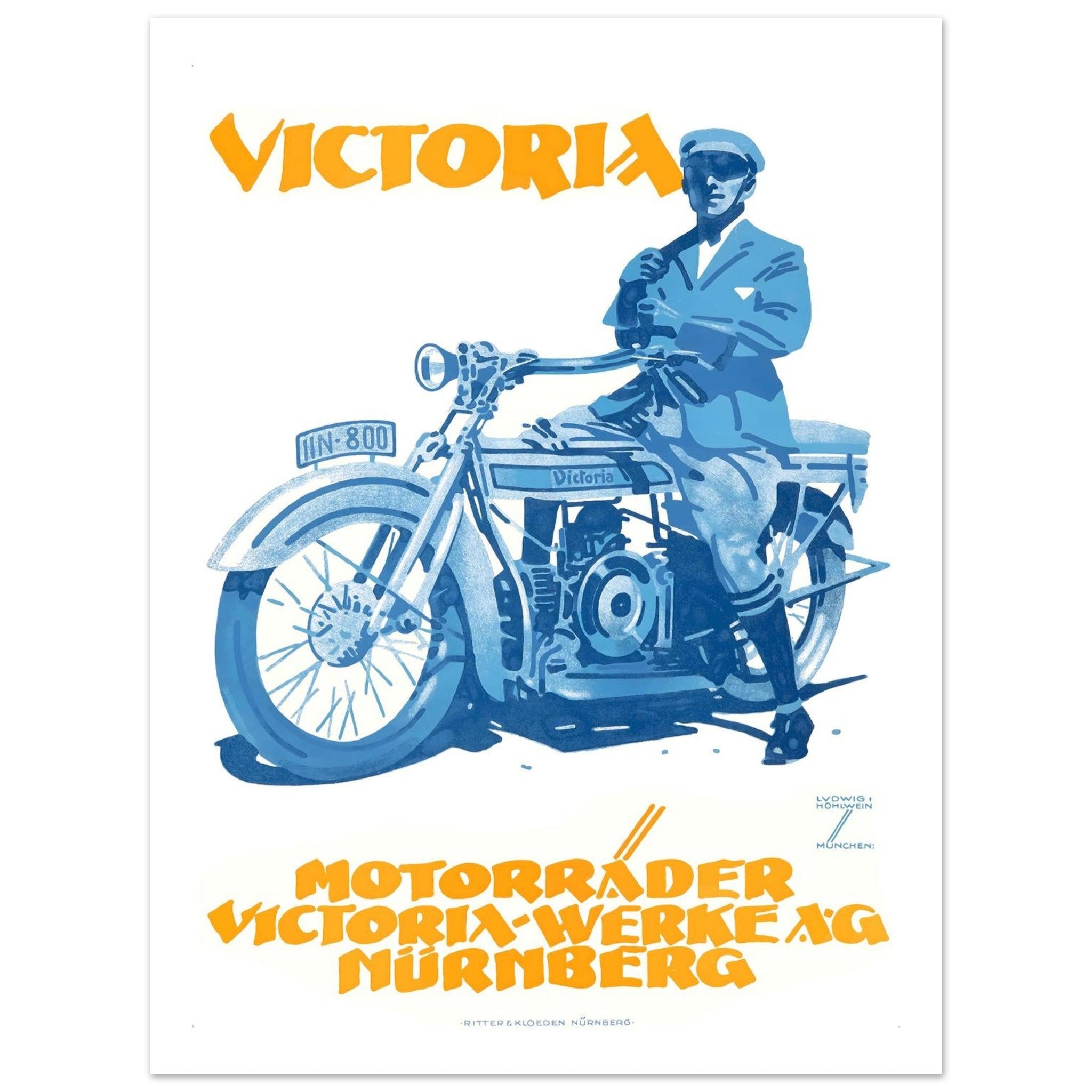 Vintage motorcycle poster featuring a Victoria motorcycle and rider in blue with bold orange lettering.