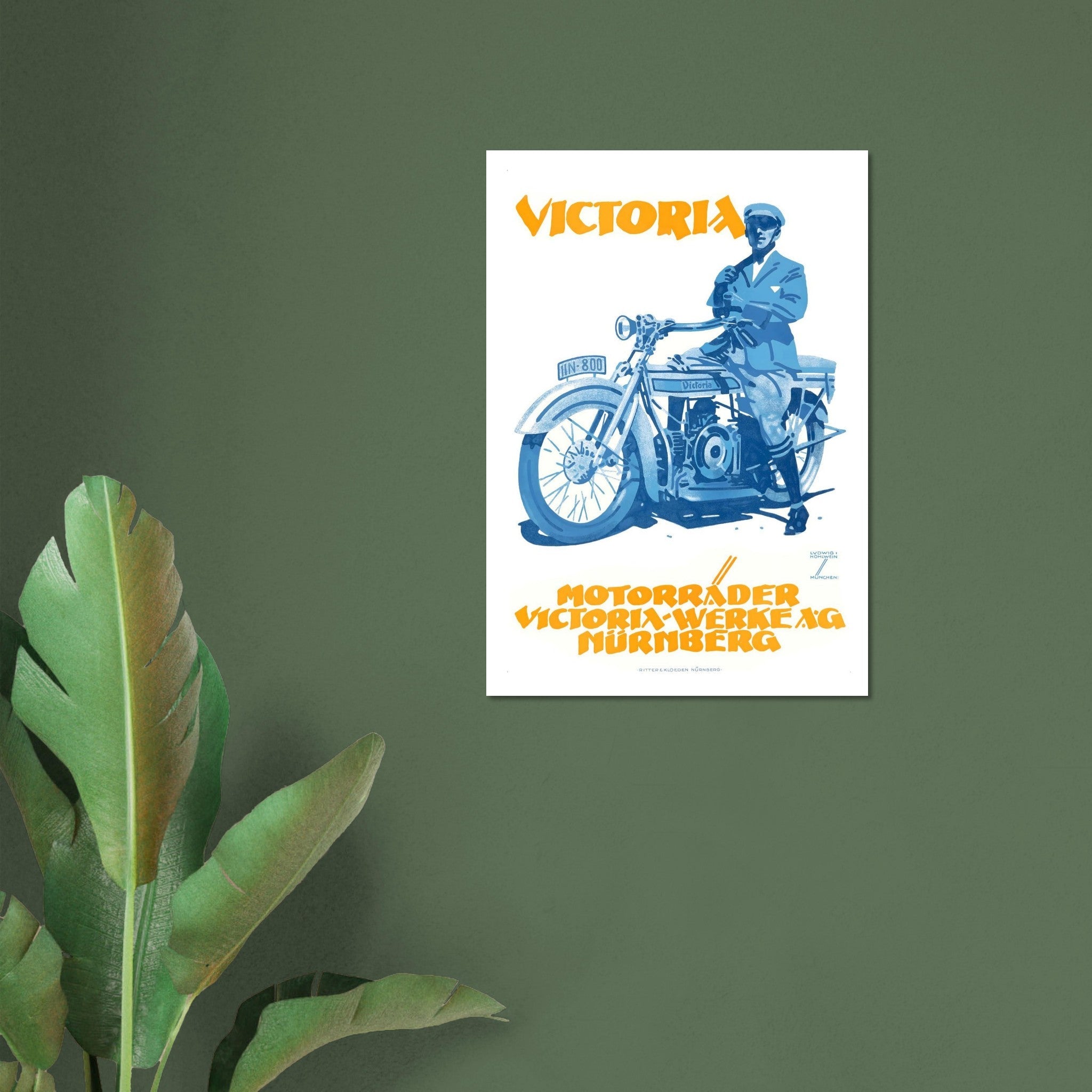 Vintage motorcycle poster featuring a stylish Victoria motorcycle and rider in bold colors.