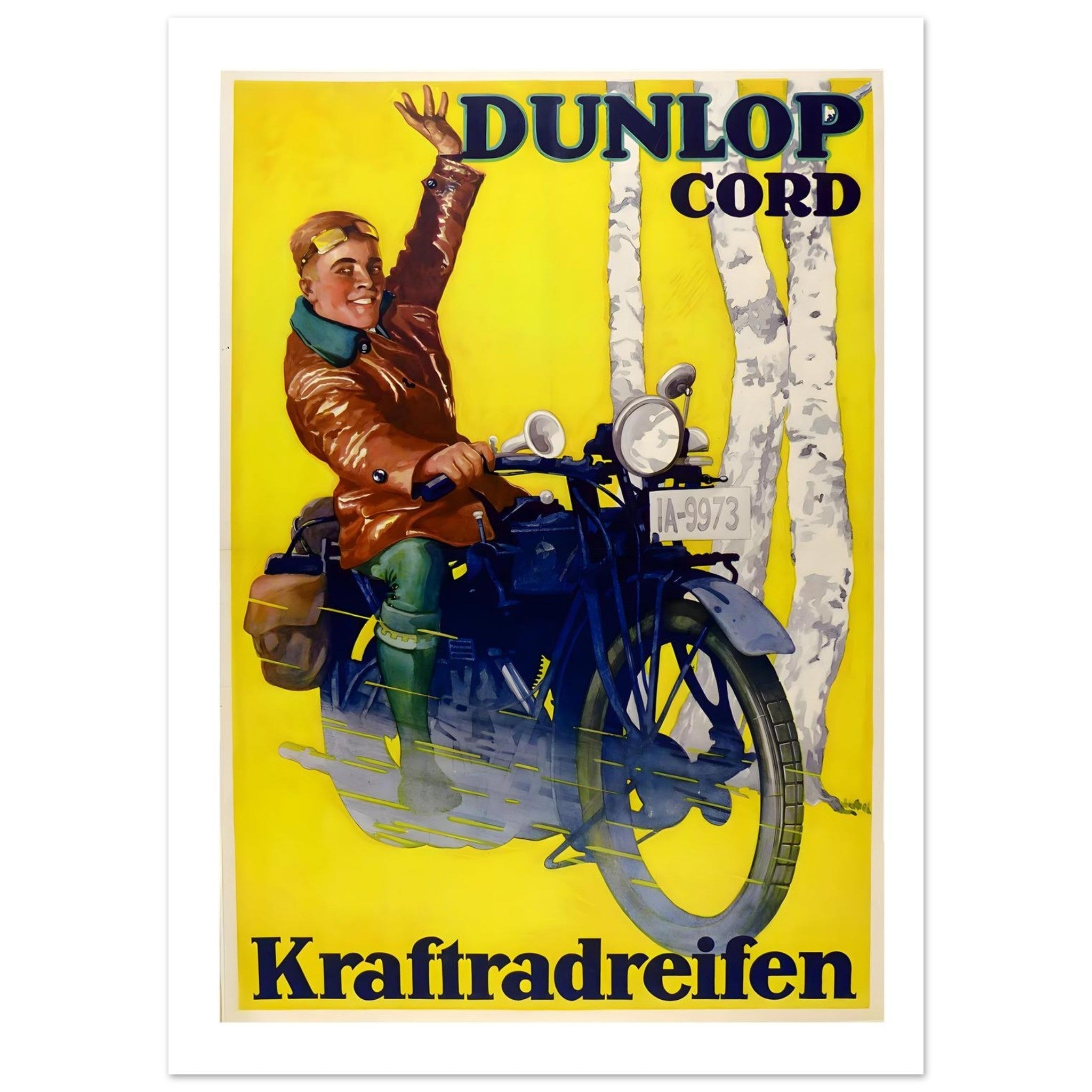 Vintage Dunlop motorcycle advertisement featuring a happy rider on a bike with a bright yellow background.