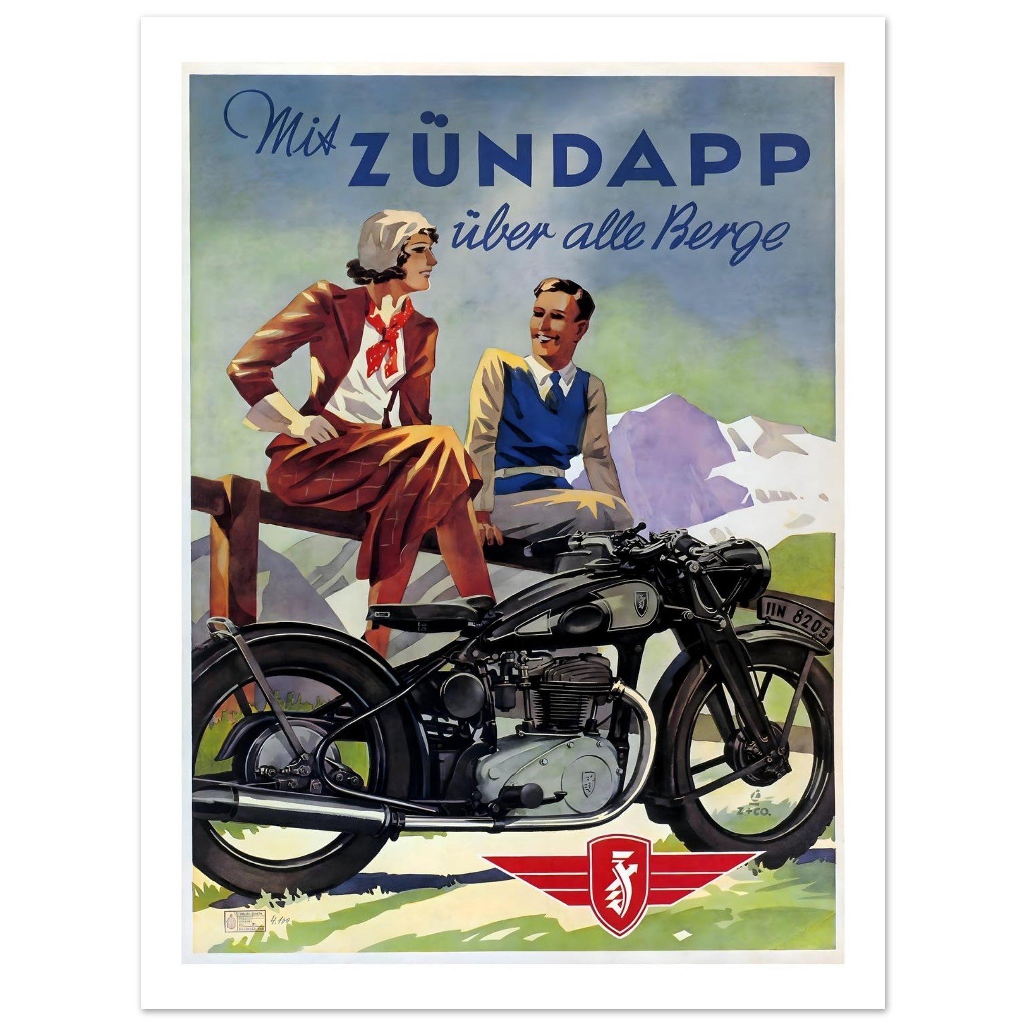 Vintage Zündapp motorcycle poster featuring a black motorcycle with two individuals in a scenic mountain setting.