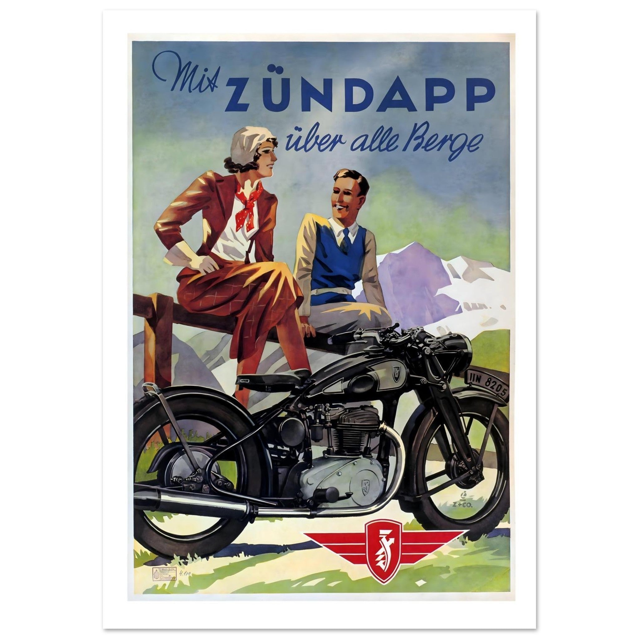 Vintage Zündapp motorcycle poster featuring a sleek motorcycle with a mountain backdrop and stylish young couple.