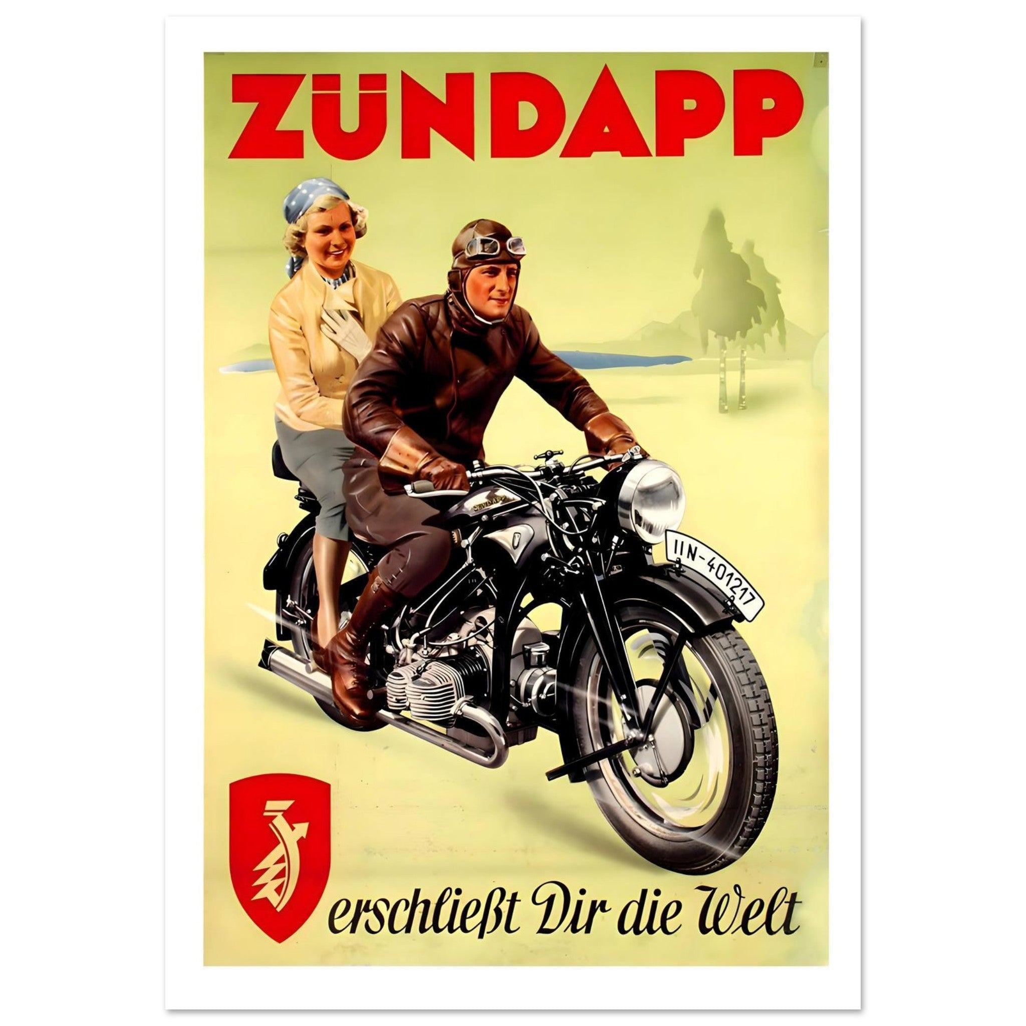 Vintage Zündapp motorcycle poster featuring a man and woman on a motorcycle with vibrant colors and a sense of adventure.