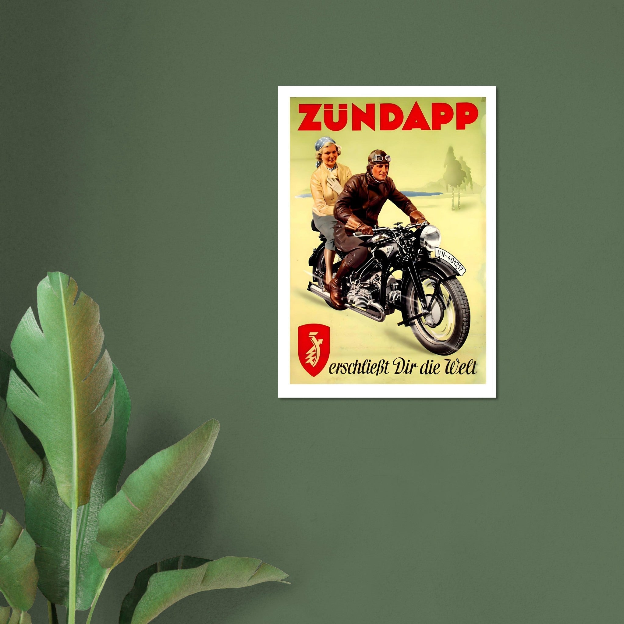 Vintage Zündapp motorcycle poster featuring a man and woman riding together, showcasing adventure and freedom.