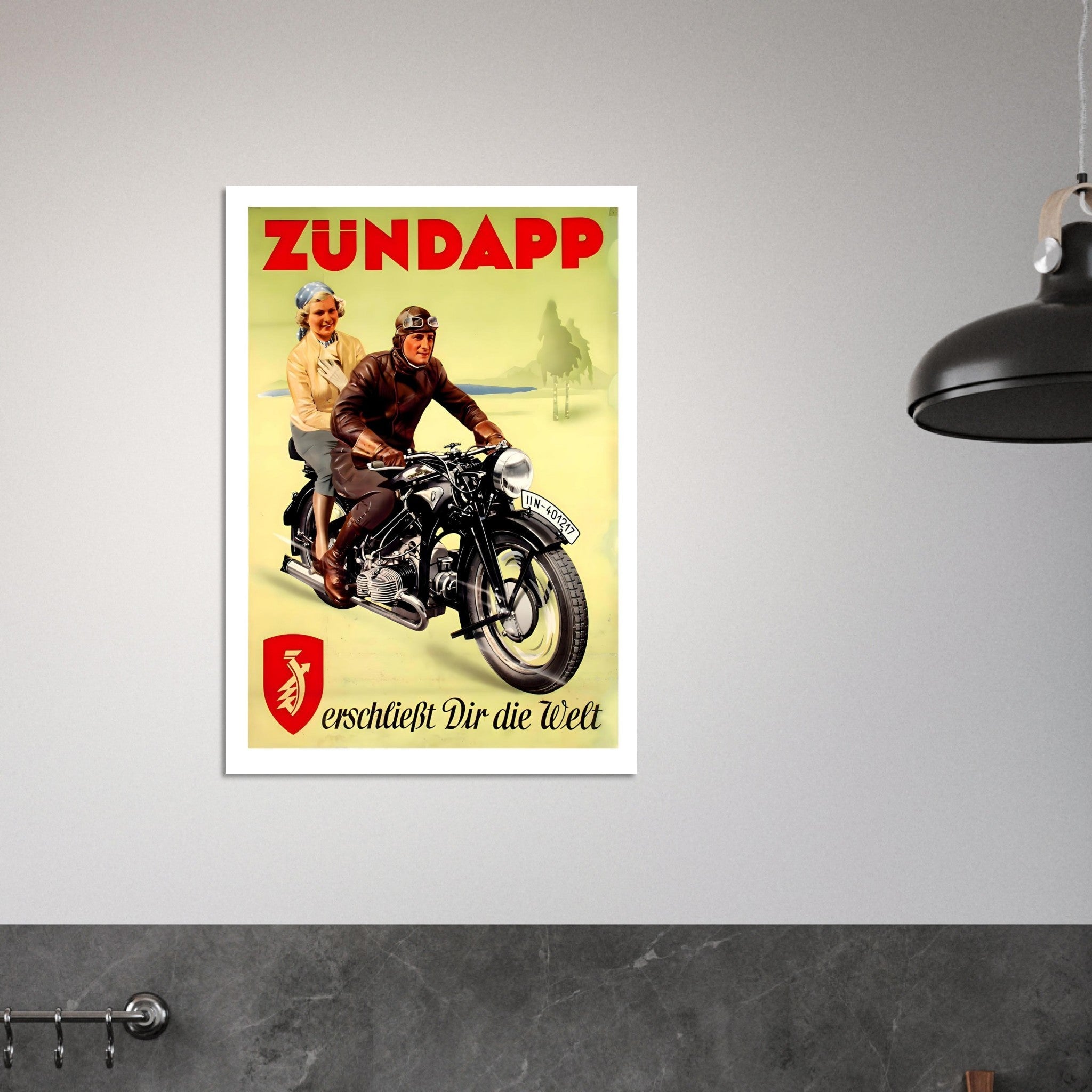 Vintage Zündapp motorcycle poster featuring a man and woman riding a classic bike with a vibrant design and logo.
