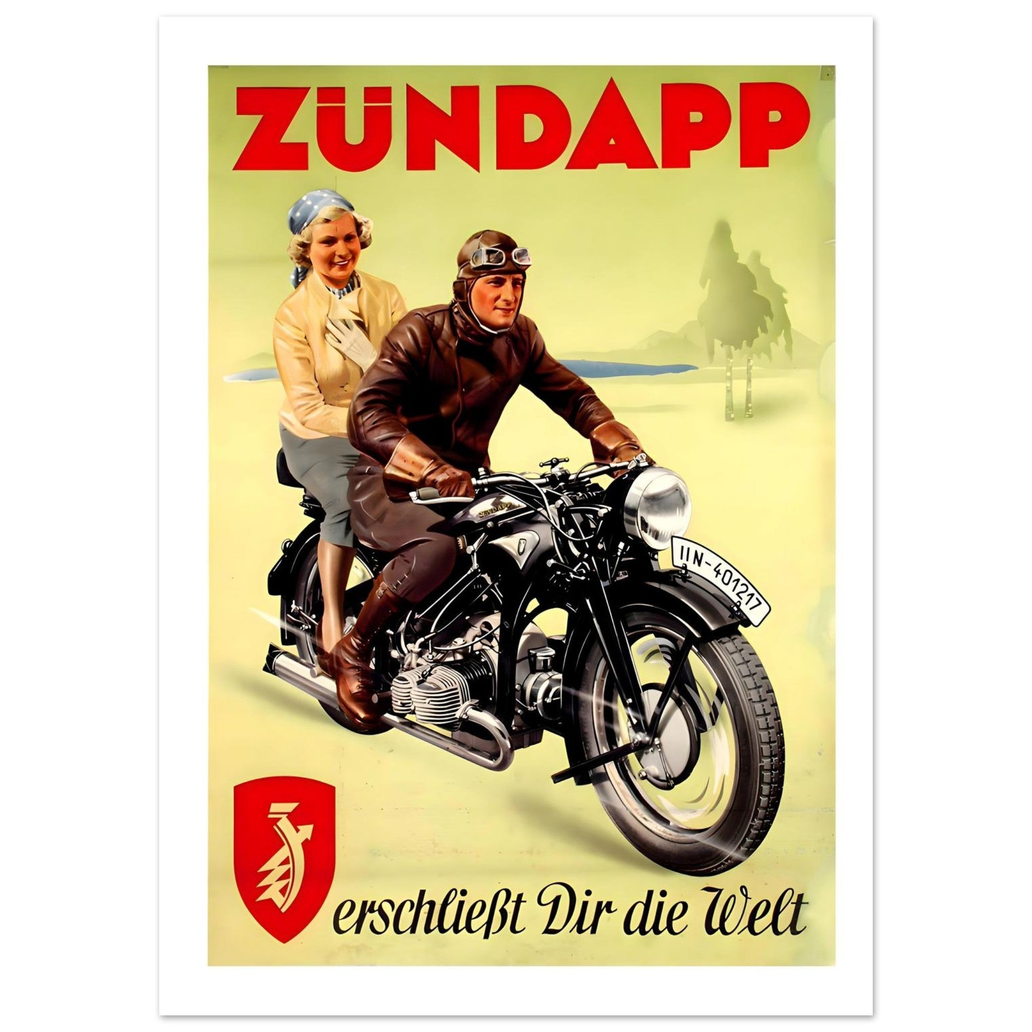 Vintage Zündapp motorcycle poster featuring a man and woman riding a classic bike with adventure vibe.