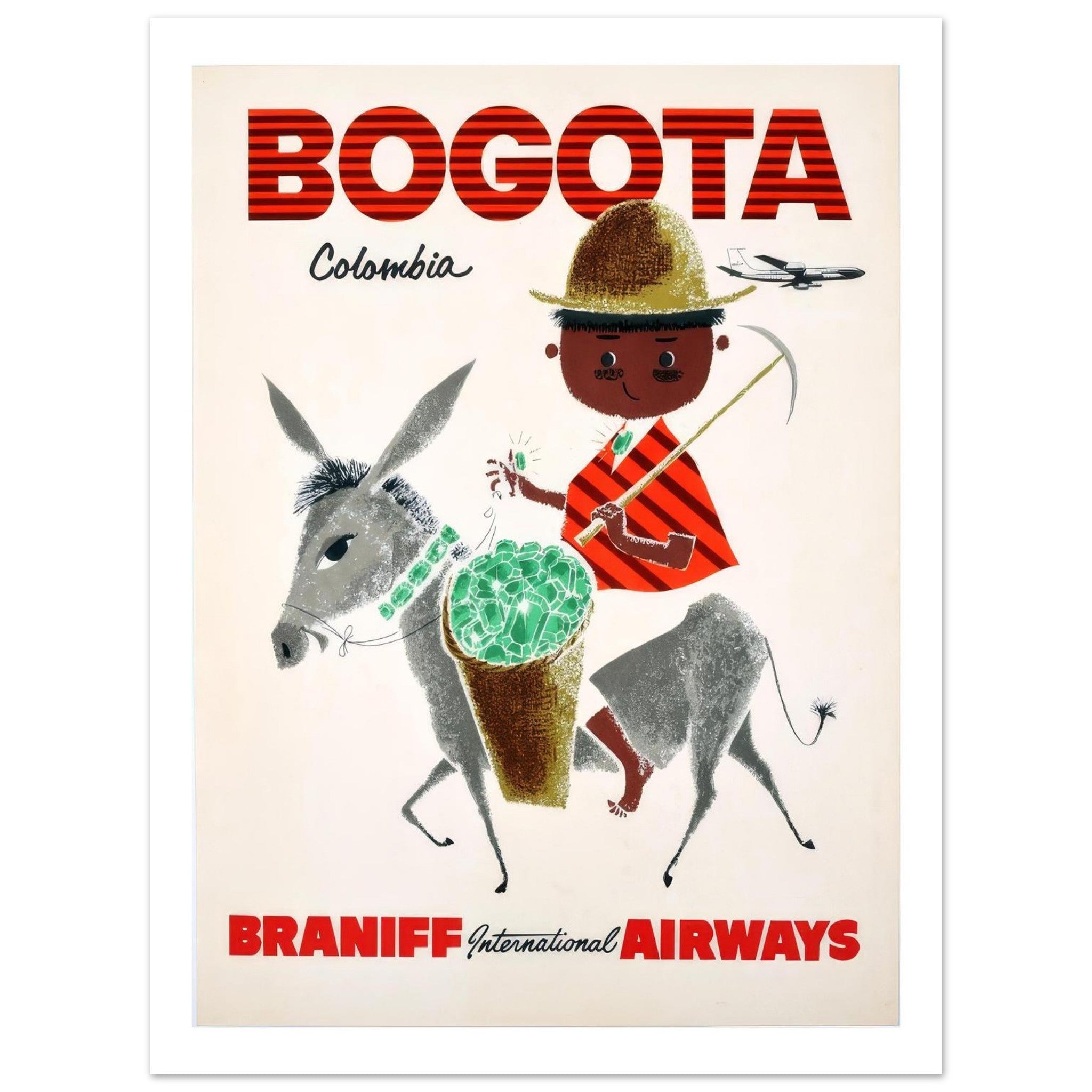 Whimsical Braniff Poster Promoting Bogota’s Rich Emerald Heritage - Transit Art