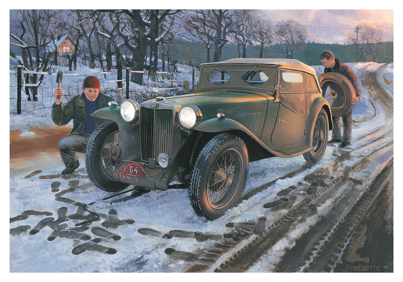 Changing tyres on a MG TC during a winter rally in Scandinavia. 