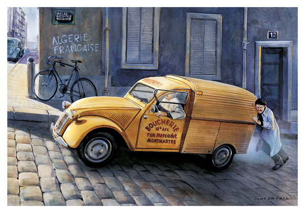 A Citroen food delivery truck struggling up the hill in Montmartre., Paris.