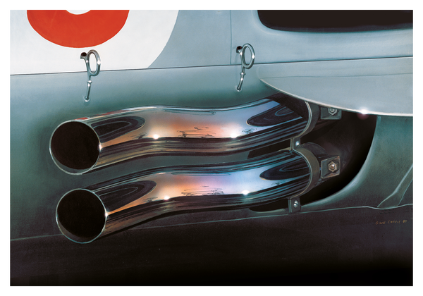 Close-up of the intricate details of Mercedes W-196 exhaust pipes