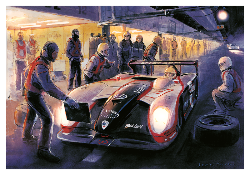 Panoz LMP-1 race car positioned in the pits at Le Mans