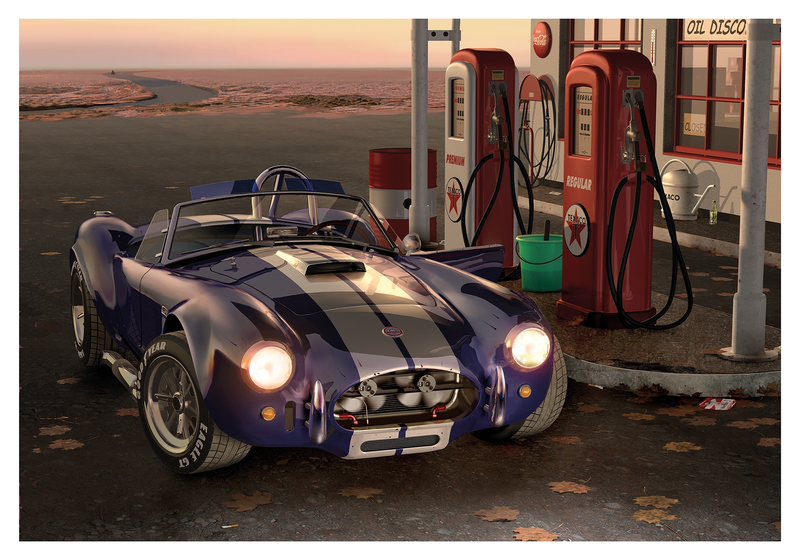 Iconic Shelby 427 Cobra refueling at a gas station in the desert