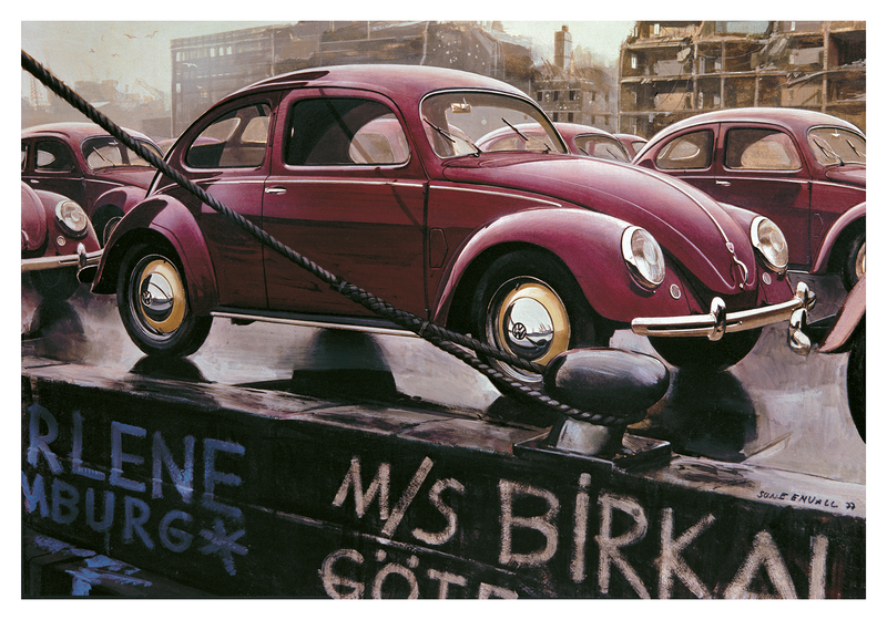 Volkswagen beetles at the docks in Hamburg, Germany after the war. 