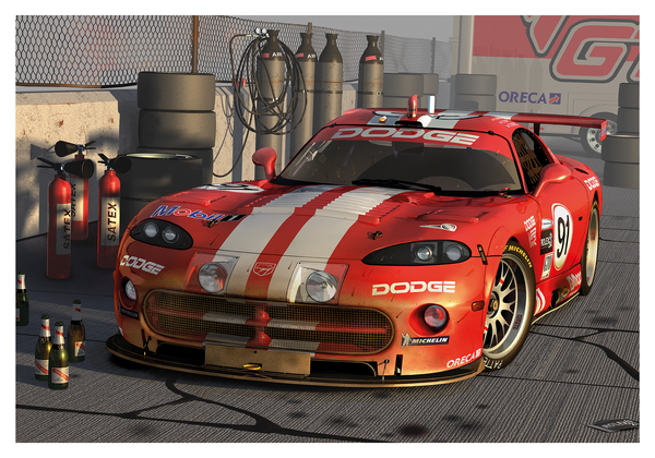 Triumphant Dodge Viper celebrating victory with confetti and cheering crowd
