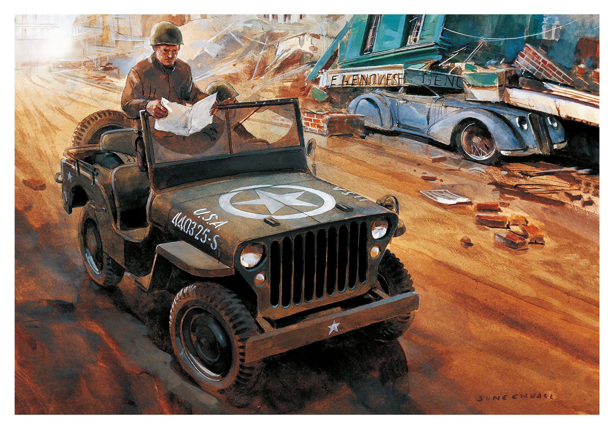 Historical image of General George S. Patton in the iconic Willy's Jeep, navigating through Italy