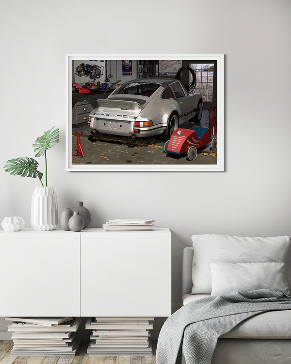 Porsche Carrera standing in a garage. Illustration with incredible techniques and details.