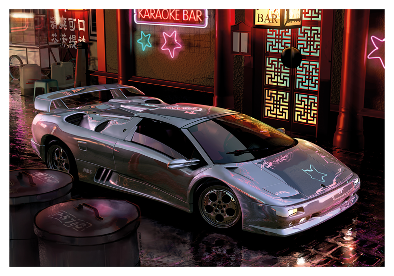 Lamborghini Diablo showcased on a Hong Kong street illuminated with vibrant neon lights