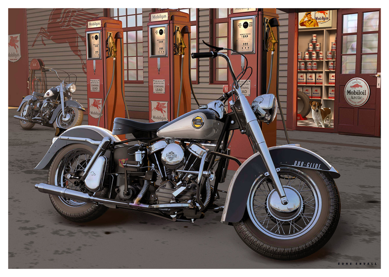 Vintage Harley Davidson motorcycles outside a gas station.