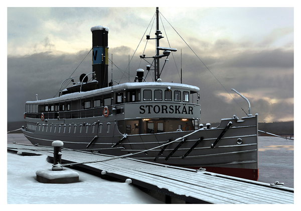 The Swedish coastal vessel S/S Storskär from 1908, sits at harbour in the Stockholm archipelago during winter.