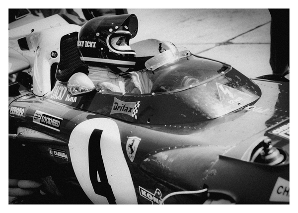 Black and white photo of the legendary driver, Jacky Ickx before the race at Nürburgring.