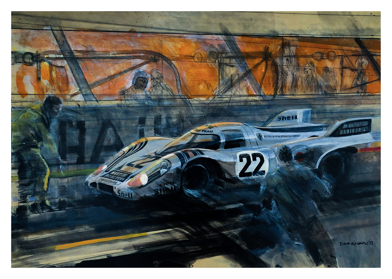 Porsche 917 breaking into the pit stop at Le Mans, 1972. 