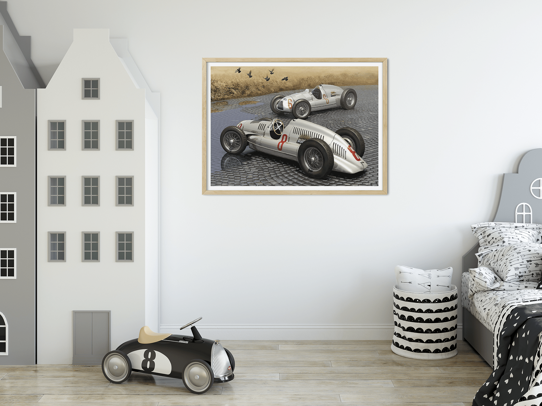 German Birds II, Auto Union Type D on cobble stones. The Auto Union Type D is a legendary vehicle that has captured the hearts of car enthusiasts for decades. Originally built in the mid-1930s, this iconic racing car has recently undergone a remarkable re