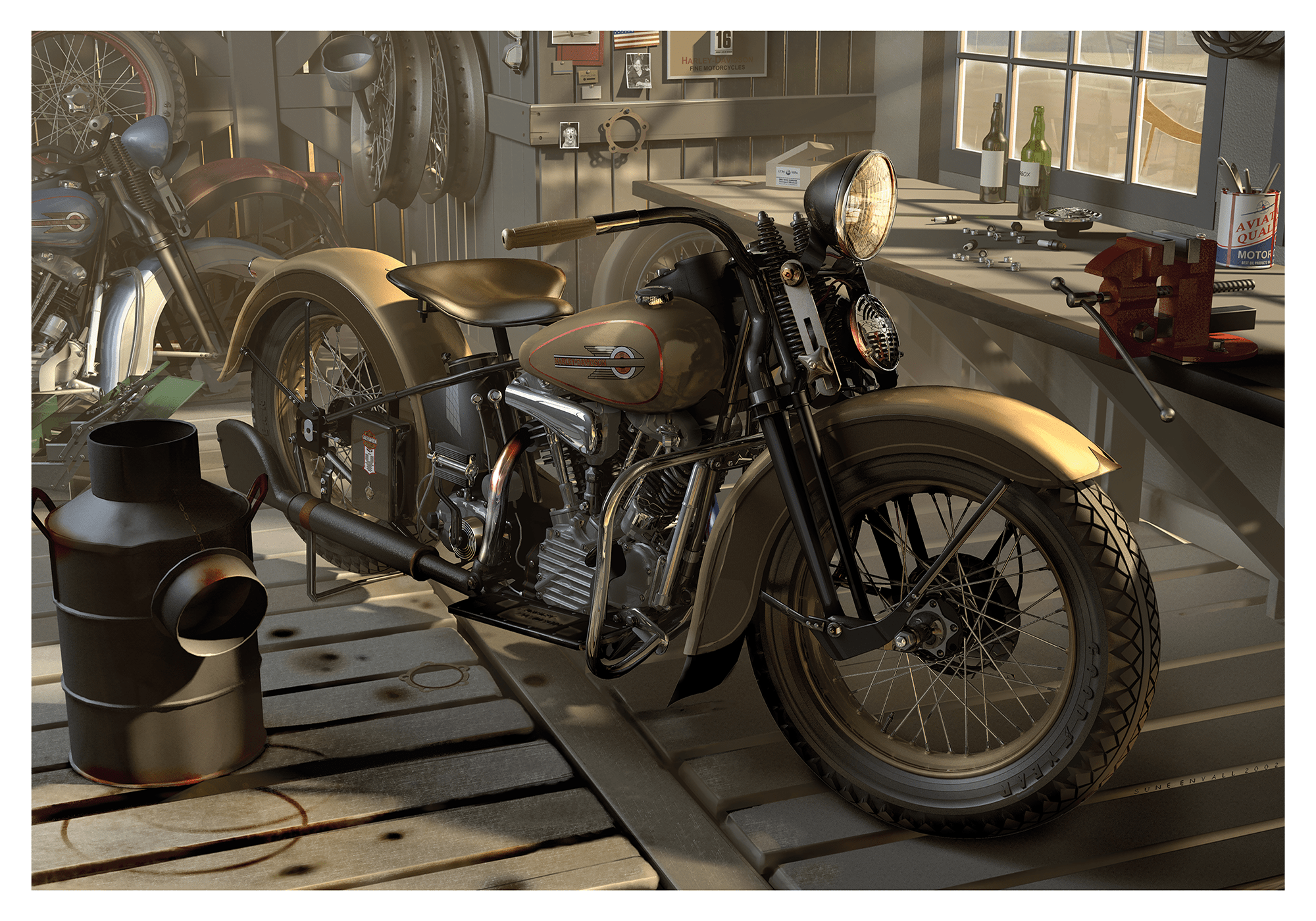 Harley in barn, Classic Harley in a dust filled barn. Illustration with incredible techniques. Discover the enduring allure and undeniable charm of the classic Harley Davidson, a beloved icon in the world of motorcycles. With its rich heritage and unmatch