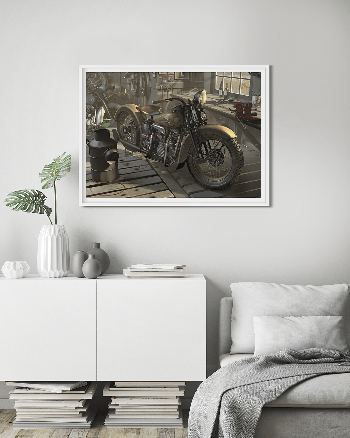 Harley in barn, Classic Harley in a dust filled barn. Illustration with incredible techniques. Discover the enduring allure and undeniable charm of the classic Harley Davidson, a beloved icon in the world of motorcycles. With its rich heritage and unmatch