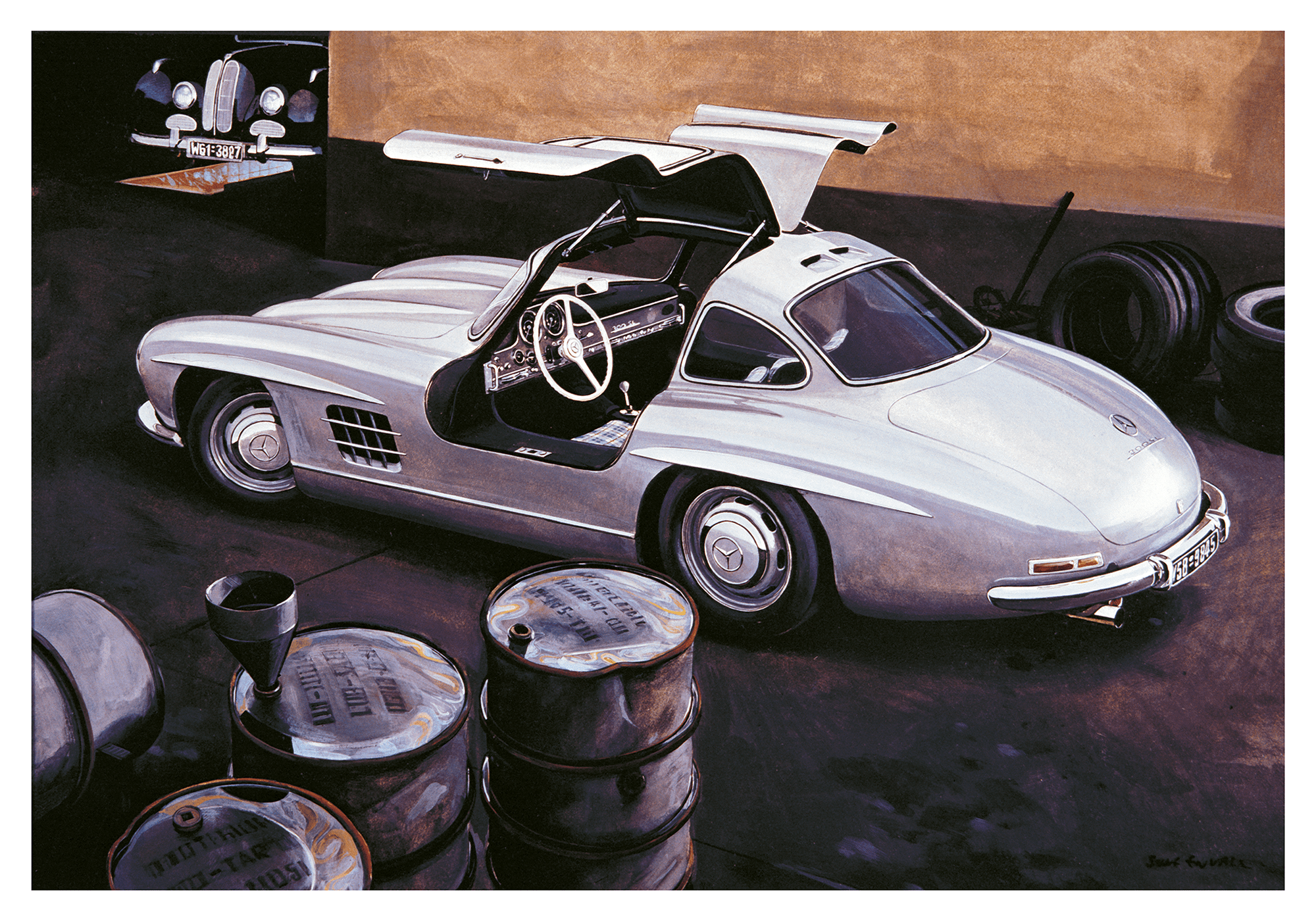 Mercedes 300 SL at Workshop, Classic Mercedes 300 SL at a service station. The classic Mercedes 300 SL holds a special place in the hearts of automotive enthusiasts and collectors around the world. Introduced in the 1950s, this timeless masterpiece embodi
