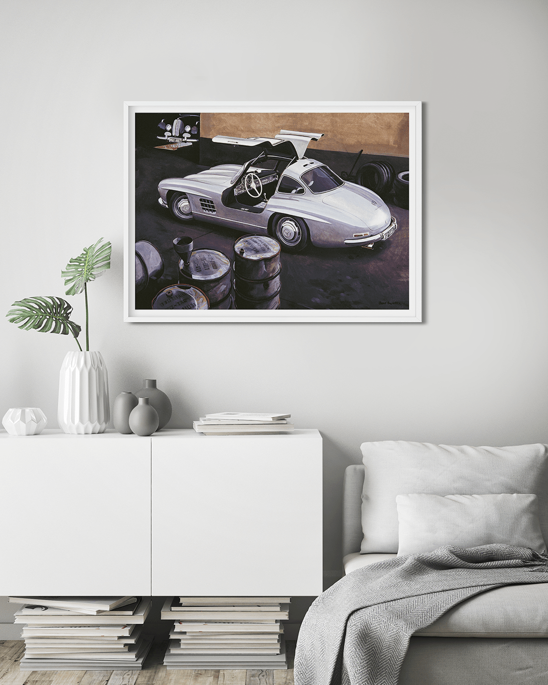 Mercedes 300 SL at Workshop, Classic Mercedes 300 SL at a service station. The classic Mercedes 300 SL holds a special place in the hearts of automotive enthusiasts and collectors around the world. Introduced in the 1950s, this timeless masterpiece embodi