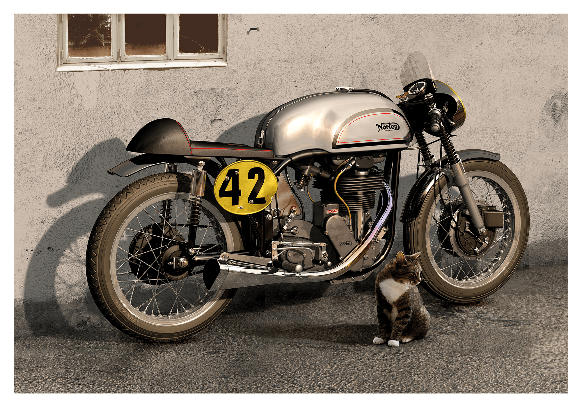 Two Cats, A classic Norton Manx motorcycle. While the original Norton Manx production ceased in the 1960s, the spirit of the Manx lives on in various vintage racing events and classic motorcycle showcases. Several restoration and replica projects strive t